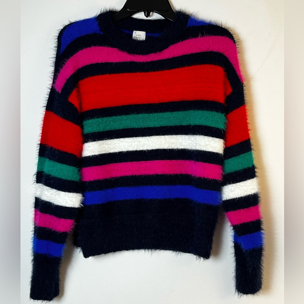 A New Day Women's Size XS Black & Multi Stripe Fuzzy Acrylic Blend Sweater